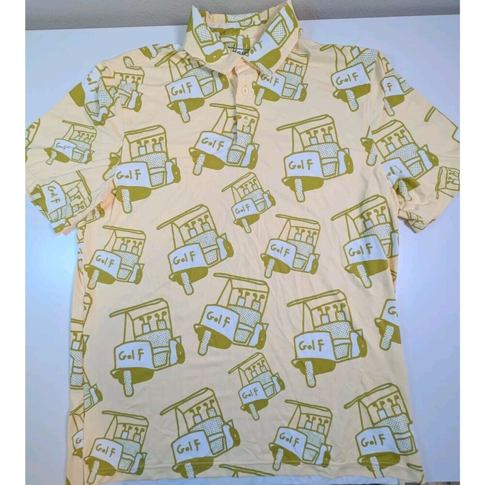 Sosik Polo Shirt Size Large Yellow Golf Cart Print Short Sleeve Performance
